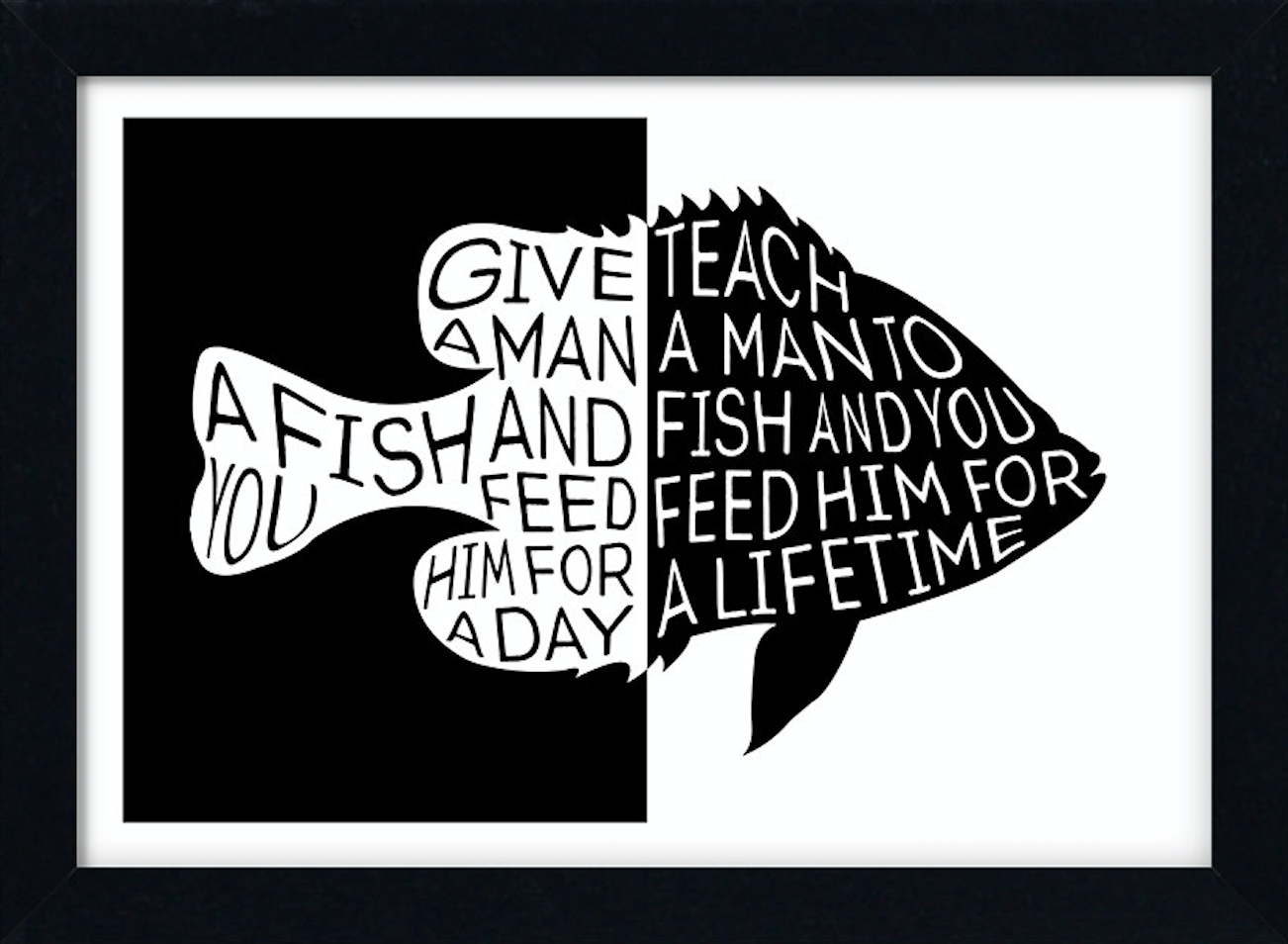 Teach a man to Fish. Give a man a Fish, and he eats for a Day. Give a man a Fish and you Feed him for a Day; teach a man to Fish and you Feed him for a Lifetime. A man teaching to Fish.